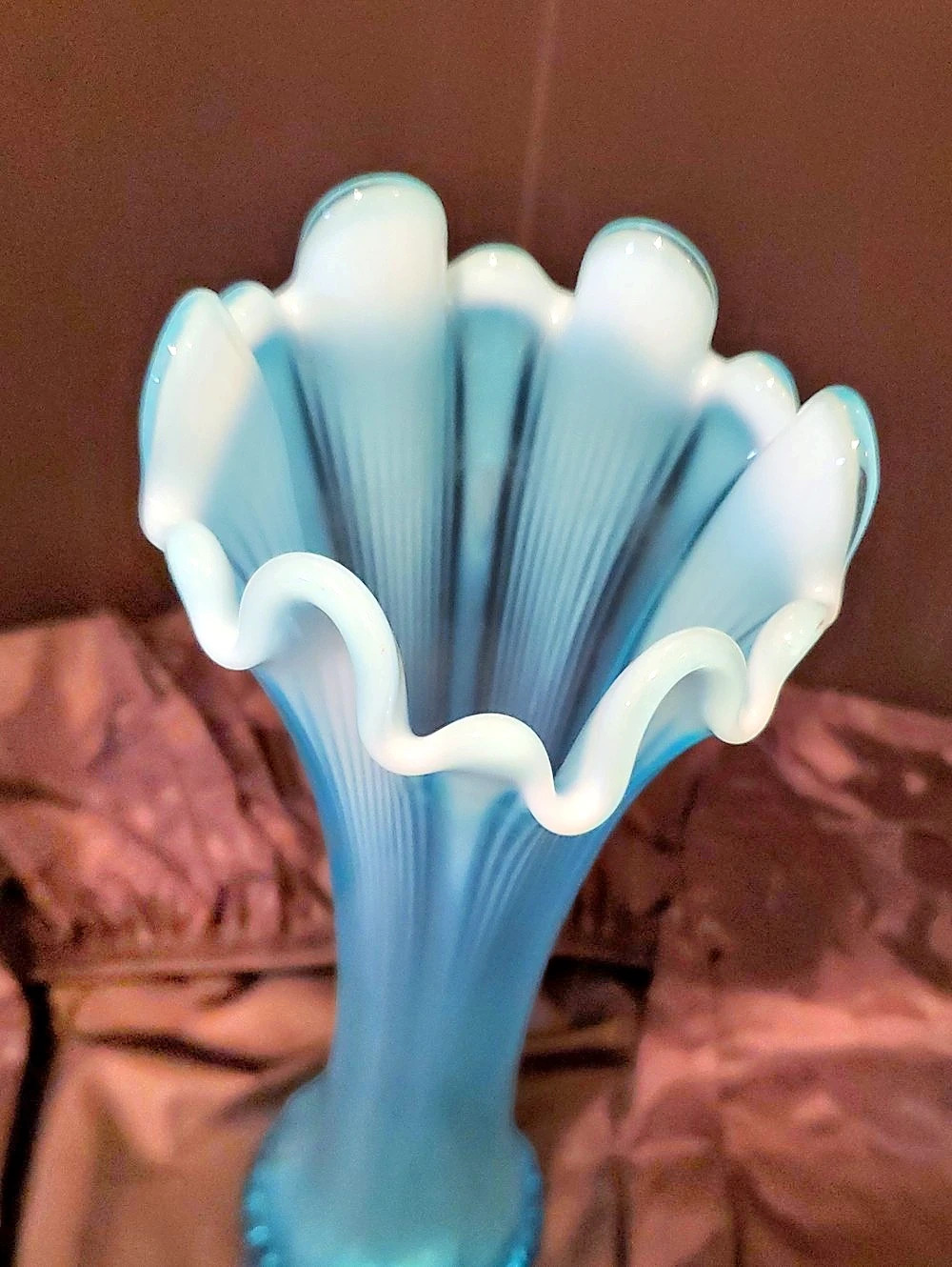 Fenton Fine Rib Blue Ruffled Glass Vase - Picture 2 of 4
